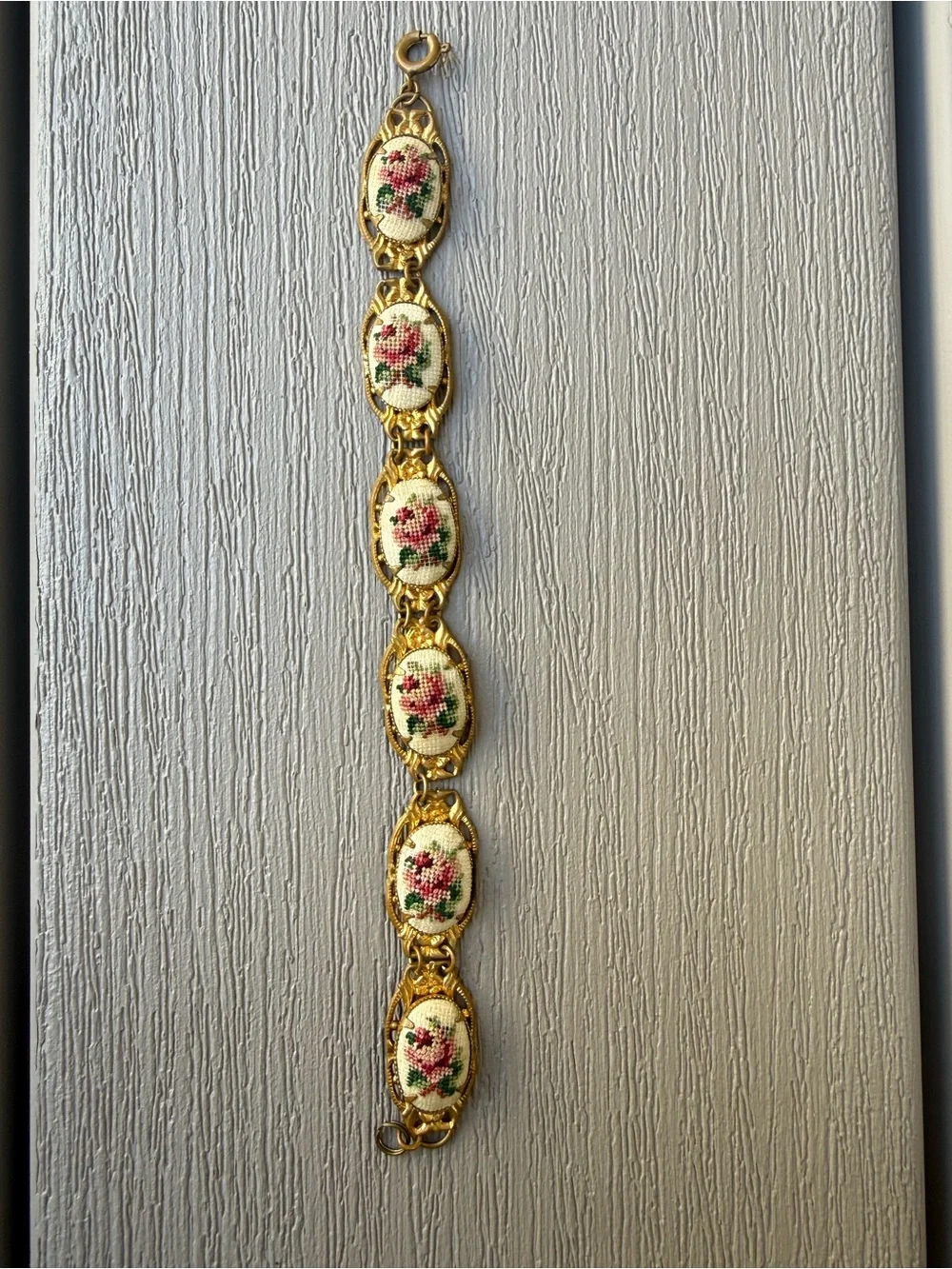 Vintage Petit Point Rose Needlepoint Gold Tone Filigree Bracelet